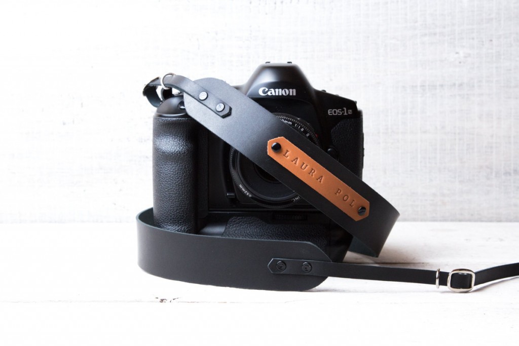 2 Personalized leather camera strap in black color