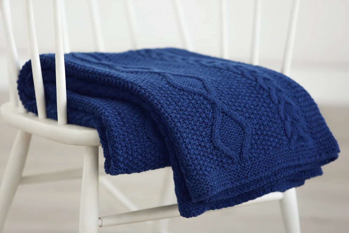 5 Wool Cable Knit blanket in Navy Blue Color
