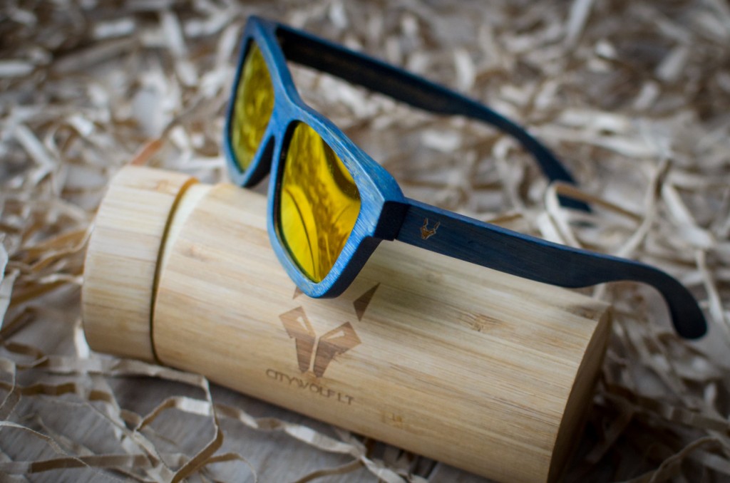 4 blue bamboo sunglasses with yellow lenses