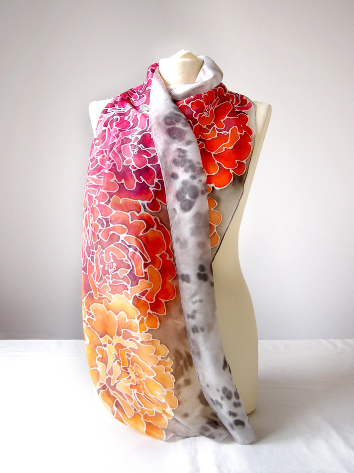 1 Silk scarf Peonies in Gray