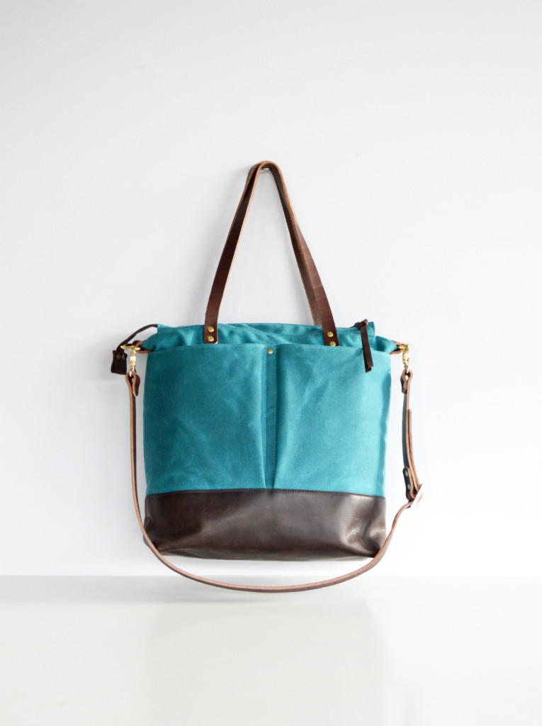 3 Teal green waxed canvas and leather diaper bag